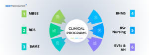 Infographic showing clinical medical courses in India including MBBS, BDS, BAMS, BHMS, BSc Nursing, and BVSc and AH programs